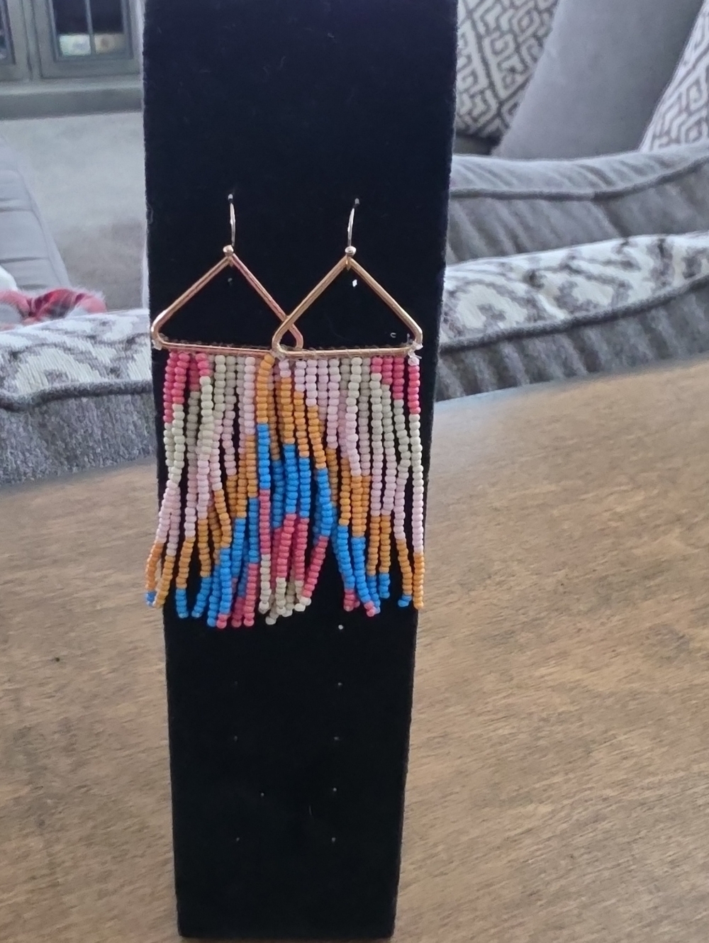 Buckle Multicolor Seed Bead Fringe Earrings with Gold Triangles